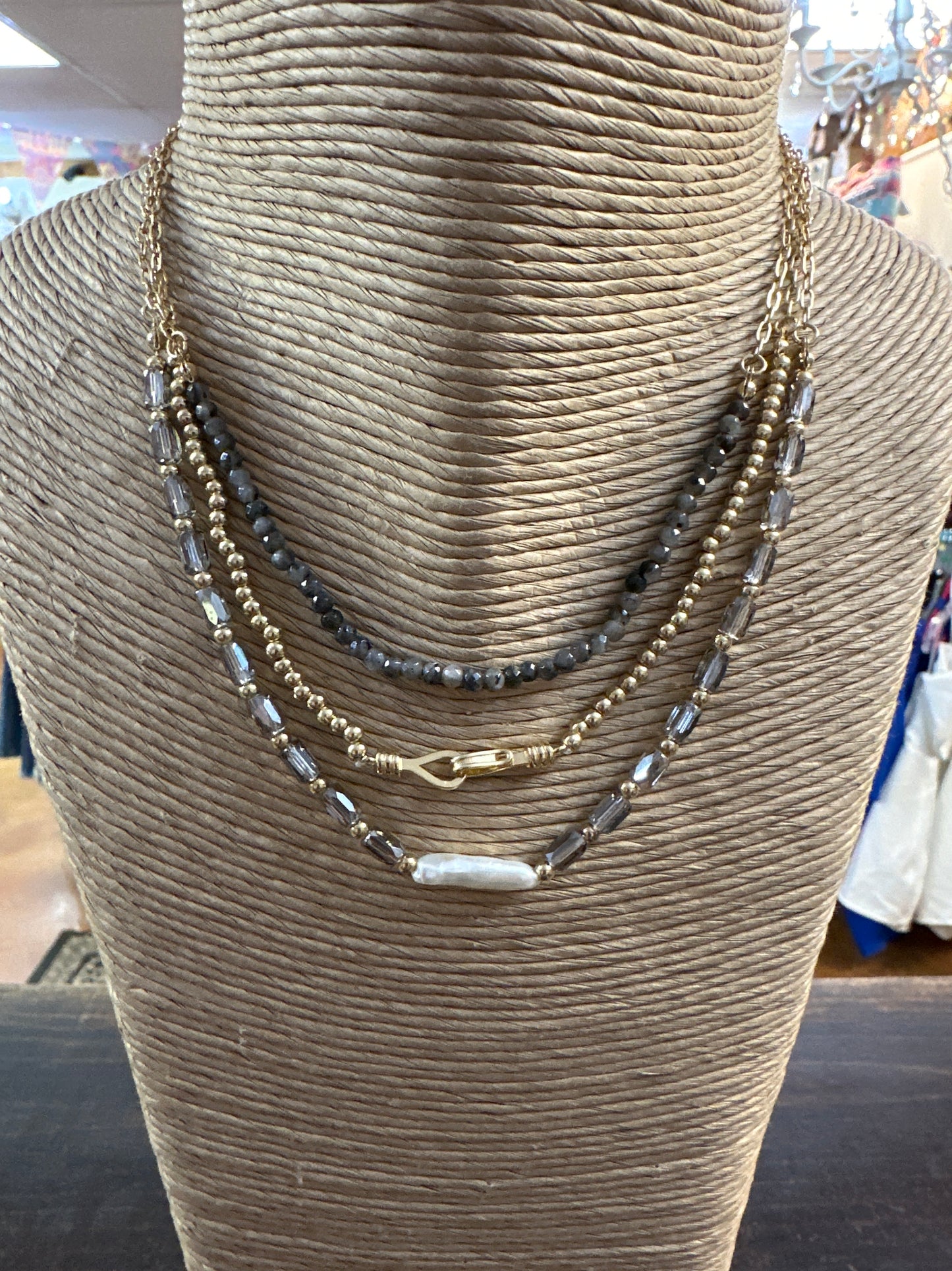 3 strand grey & gold necklace