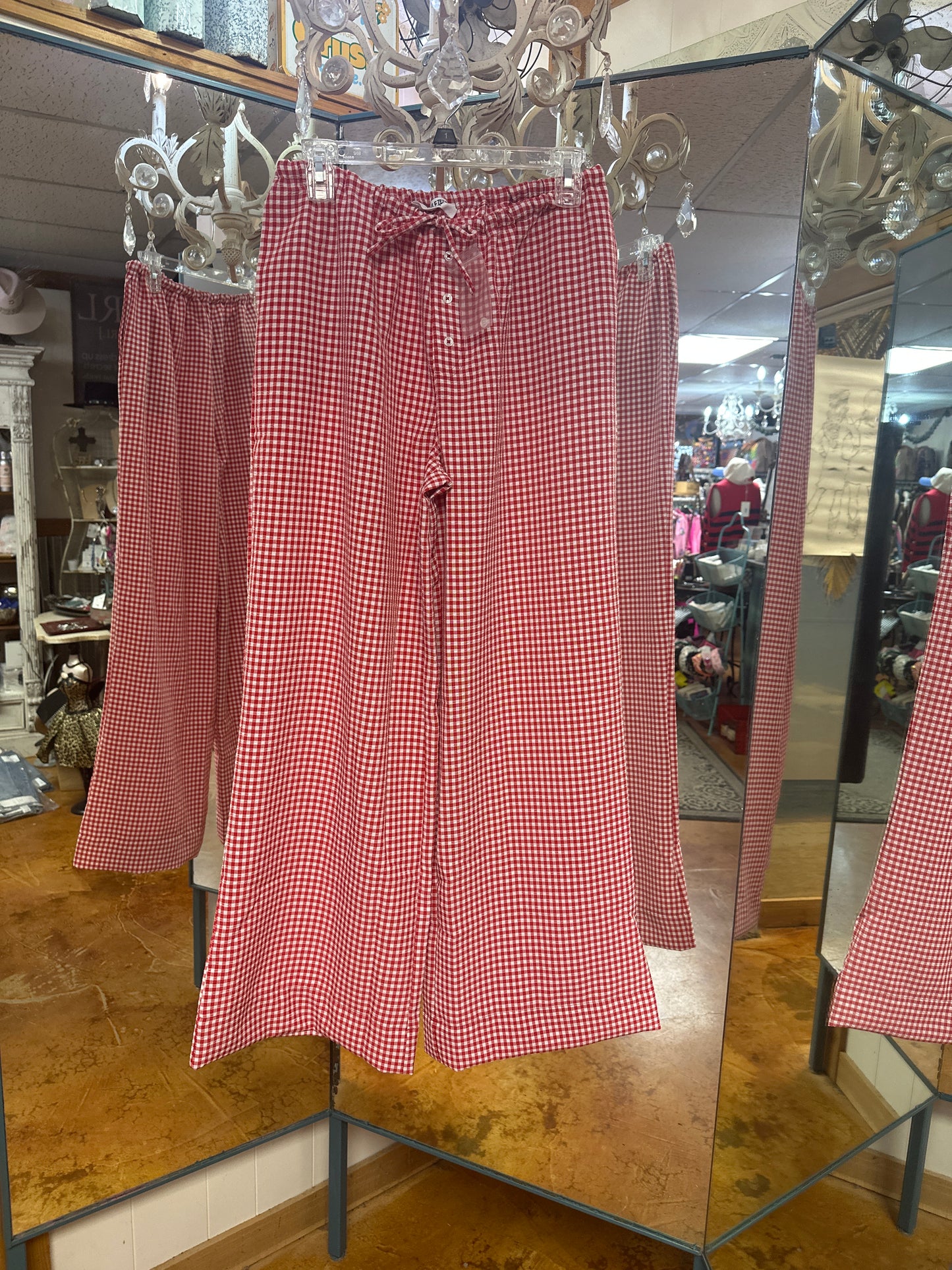 Red gingham drawstring pants