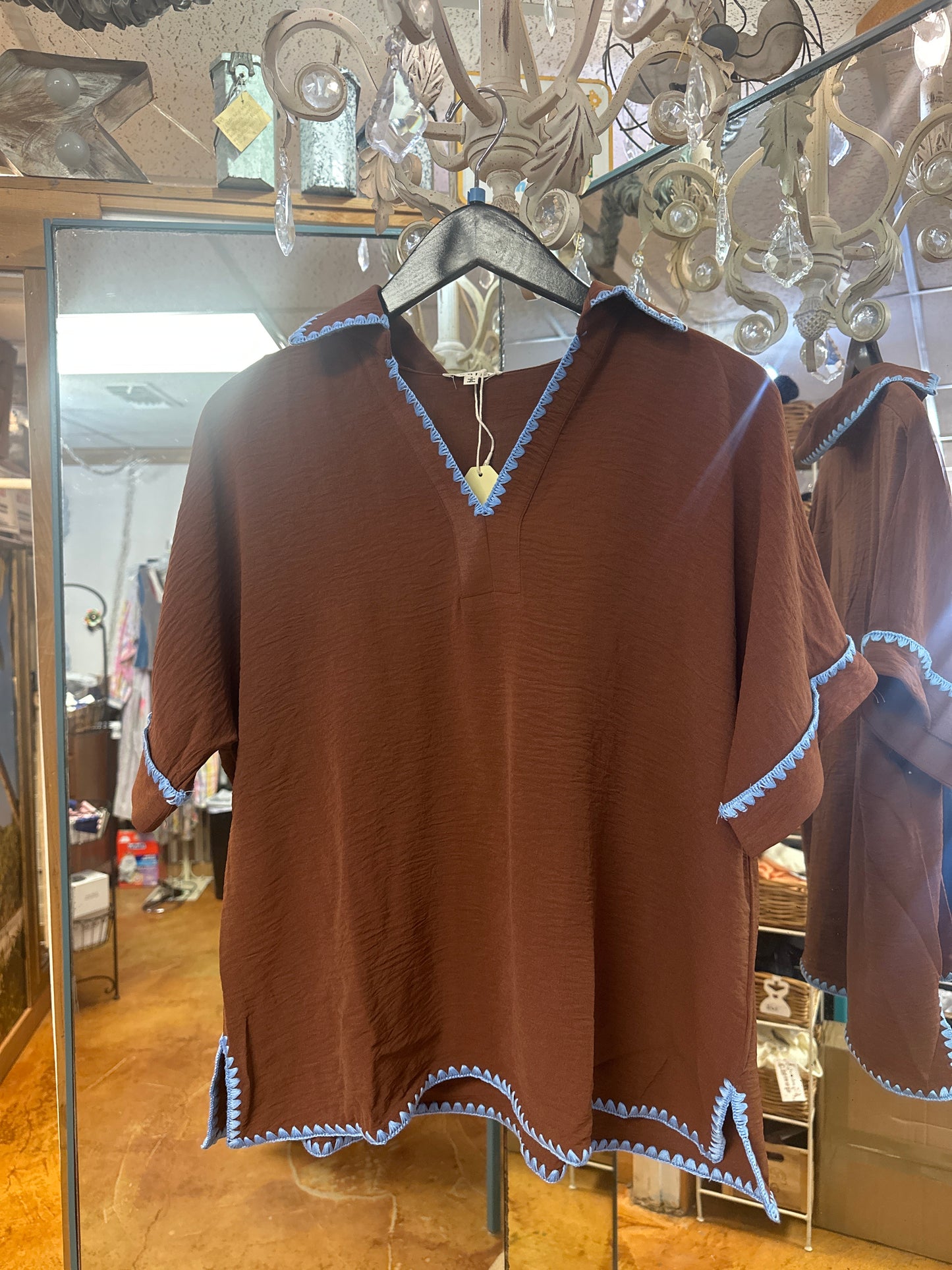 Brown blue stitch top