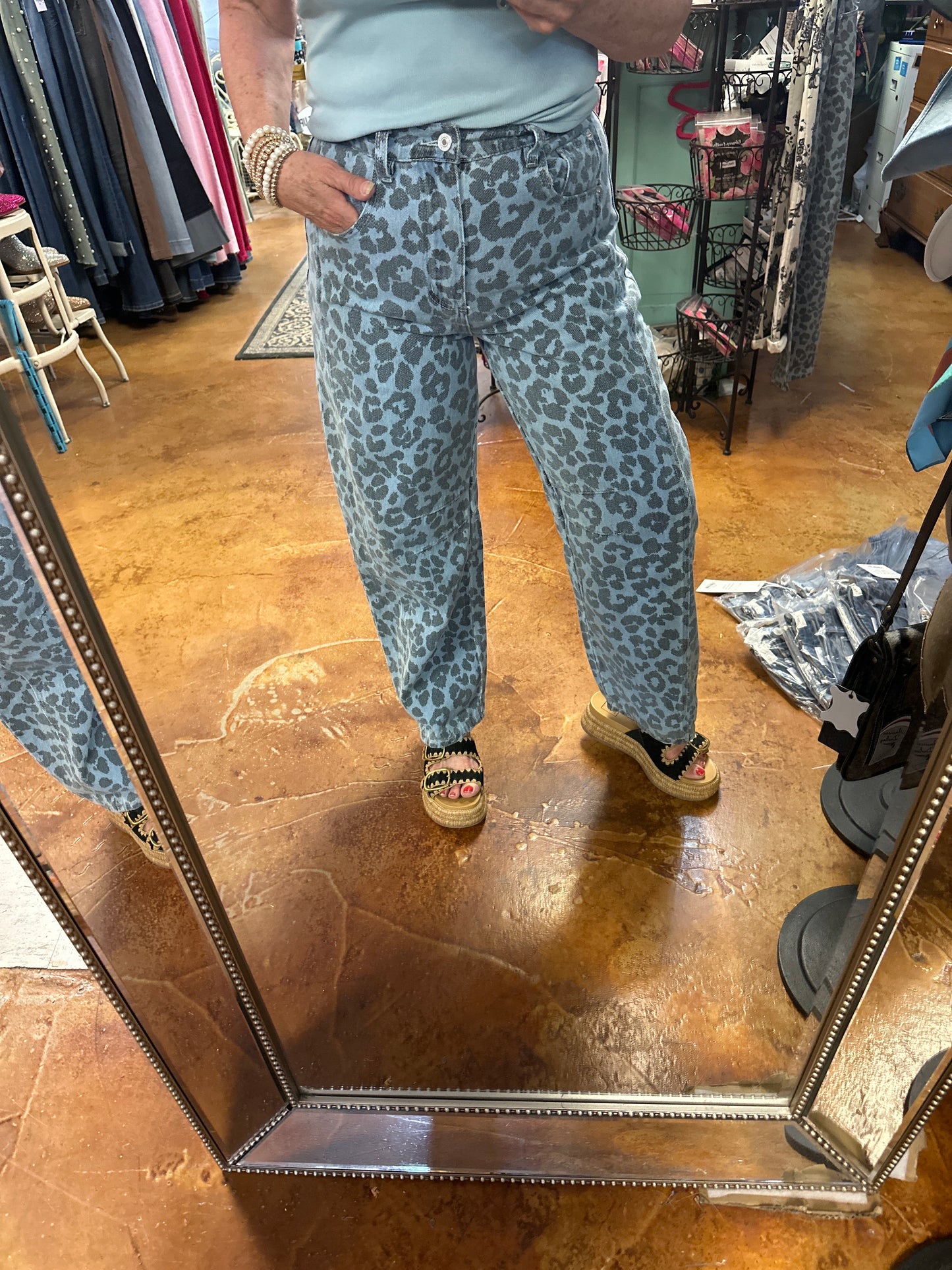 Blue leopard barrel denim