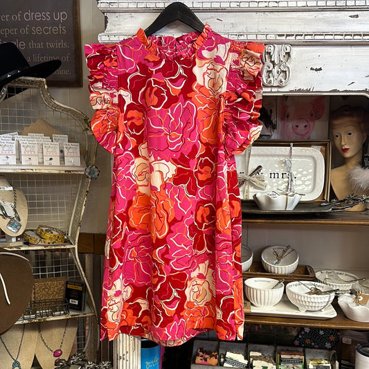 Red & pink Floral Flutter dress