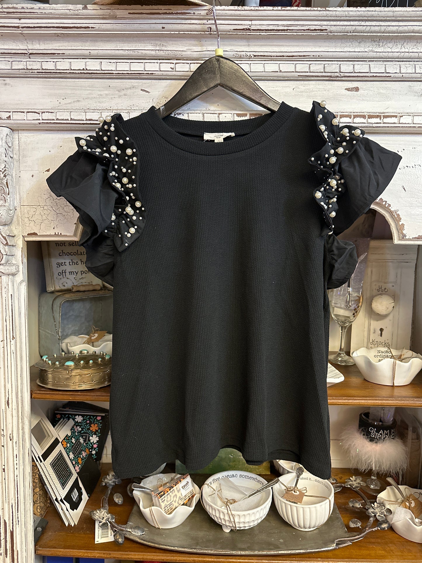 Pearl ruffle shoulder top