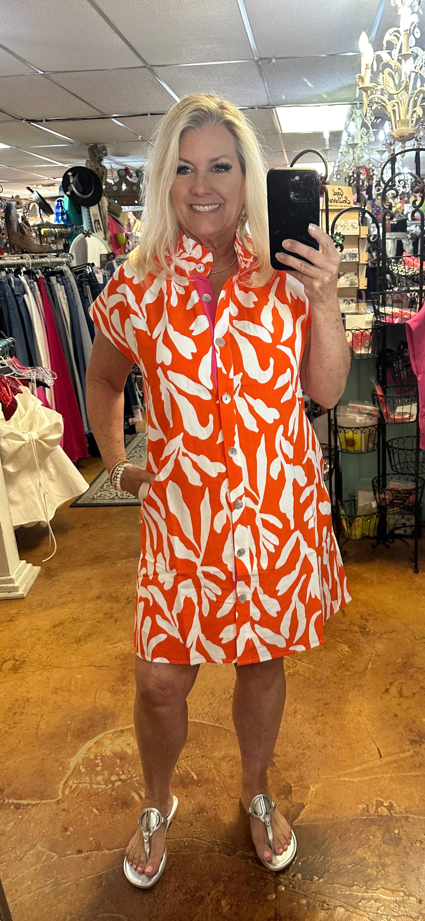 Orange leaf shirt dress