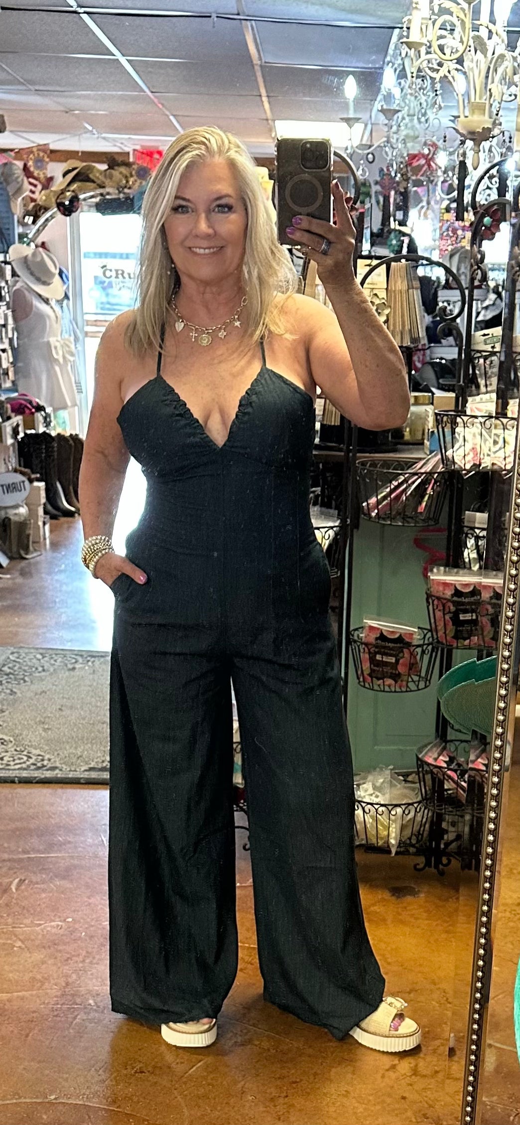 Back tie denim jumpsuit