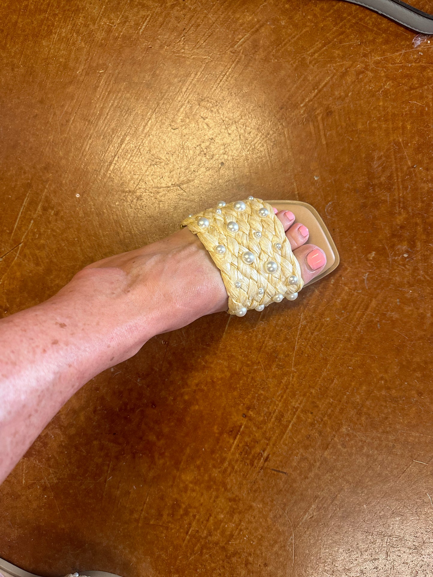 Natural Raffia & pearl flats