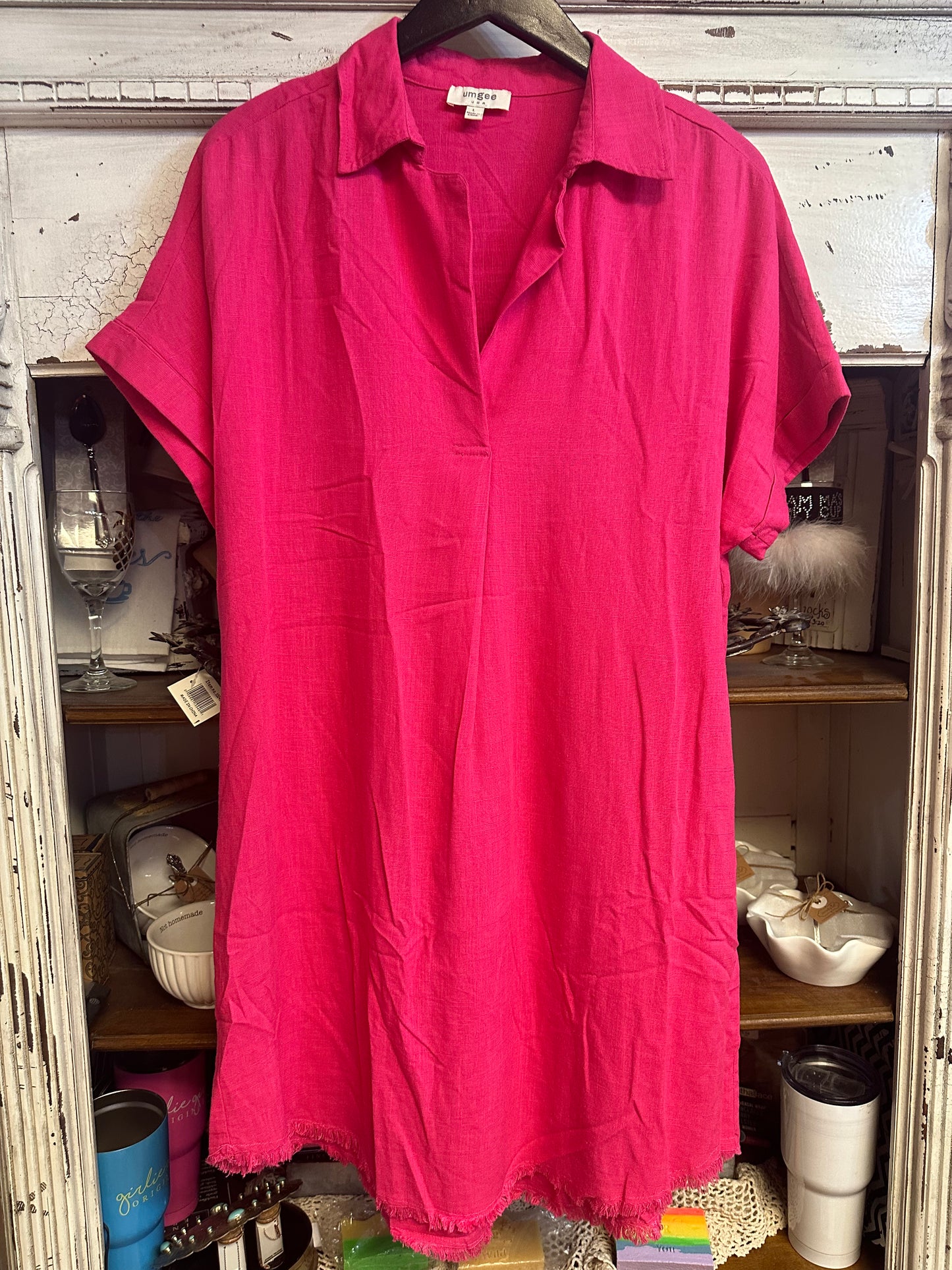 Linen pink shirt dress