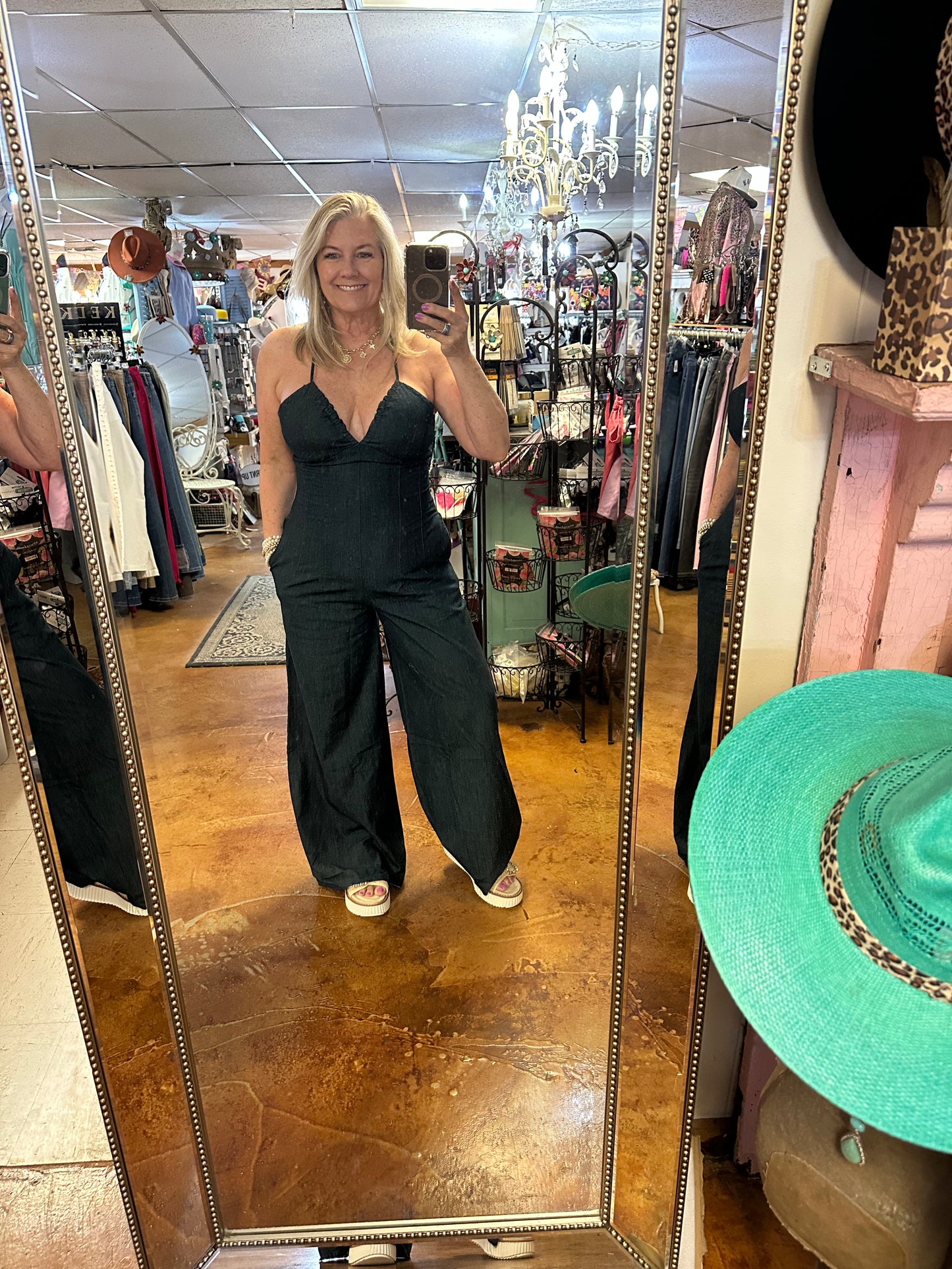 Back tie denim jumpsuit
