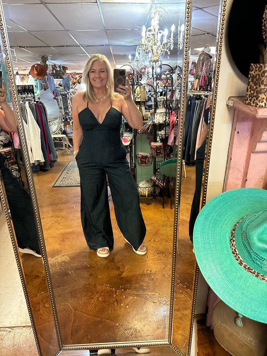 Back tie denim jumpsuit